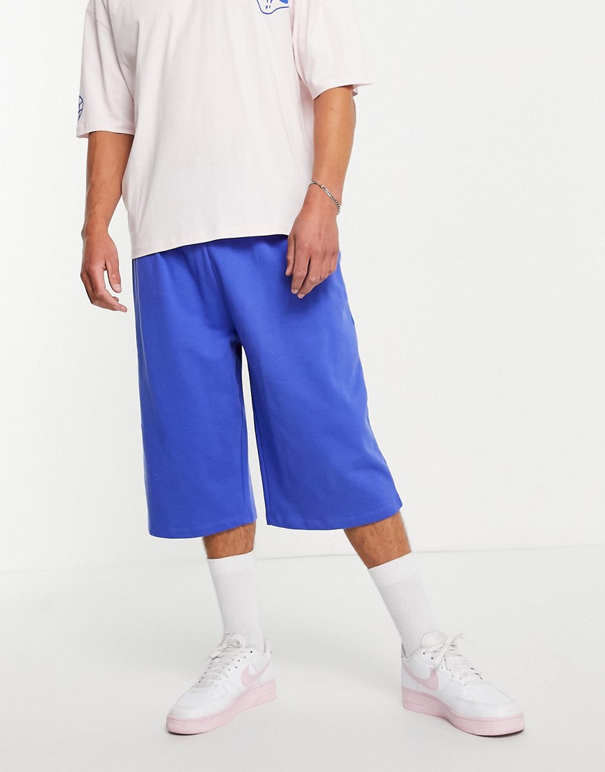ASOS DESIGN set oversized longer length jersey shorts in blue-Blues