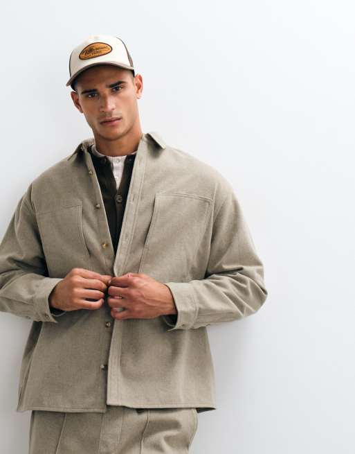 ASOS DESIGN set oversized shirt with wool in light brown, 2 of 5