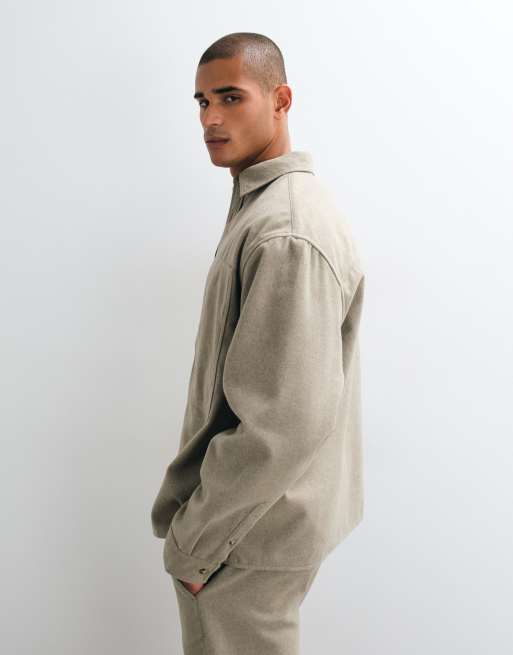 ASOS DESIGN set oversized shirt with wool in light brown, 3 of 5