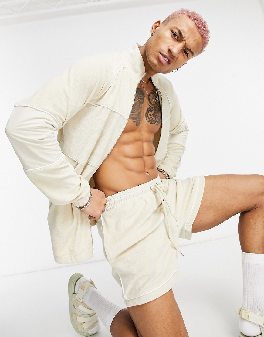 ASOS DESIGN set oversized shorts in towelling with piping details in beige-Neutral