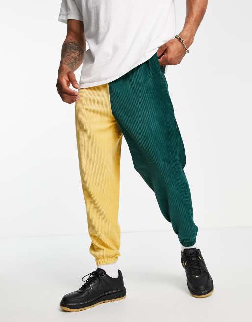ASOS DESIGN set oversized sweatpants in dark green ribbed velour color block