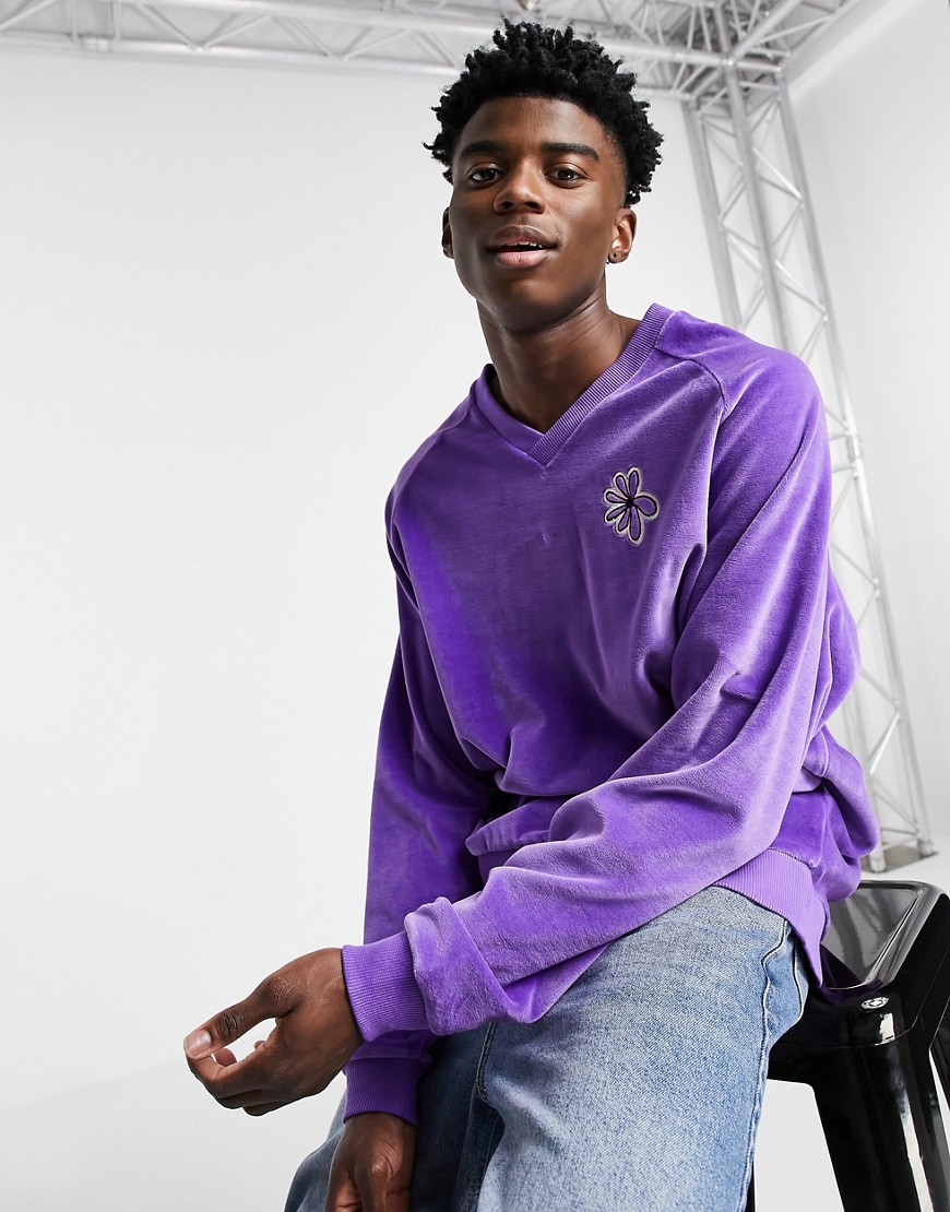 ASOS DESIGN set oversized sweatshirt in mismatch velour colors with flower applique-Purple