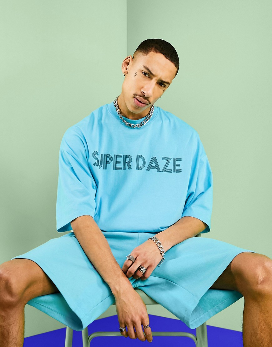 ASOS DESIGN set oversized t-shirt with front text print in blue-Blues