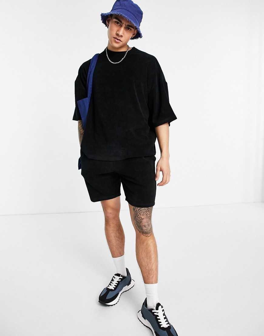 ASOS DESIGN set oversized towelling shorts in black-Neutral