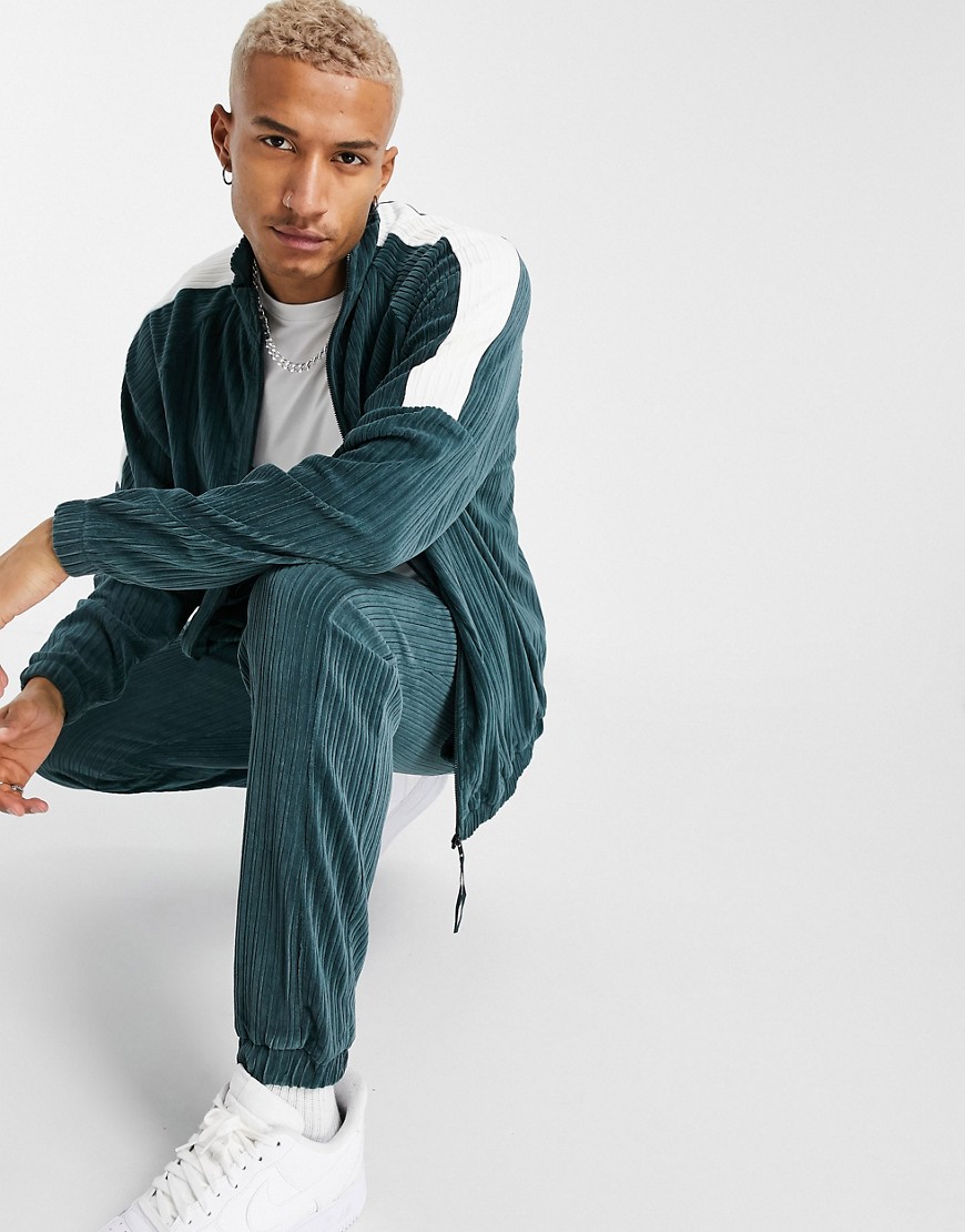 ASOS DESIGN set oversized track jacket in velour cord with color blocking-Green