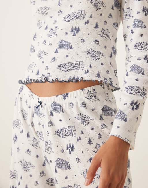 ASOS DESIGN - Set pigiama traforato con pantaloni e maglietta a maniche lunghe blu con stampa, 3 di 4