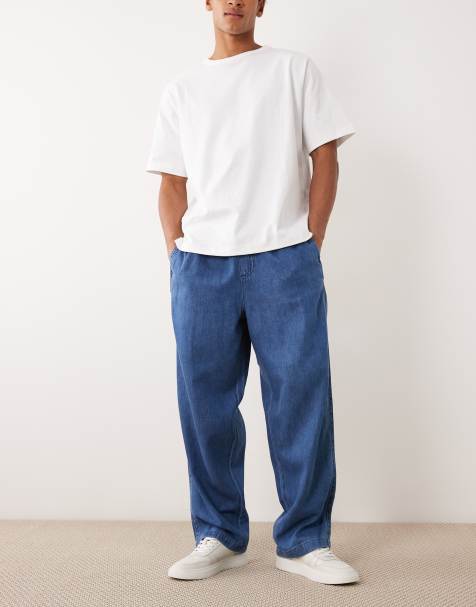 ASOS DESIGN set pull on lösa jeans i linnemix, mellanblå tvätt - view 1