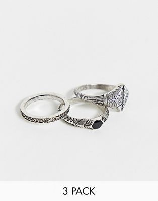 ASOS DESIGN - Set ringen met stenen en detail in reliëf in zilver