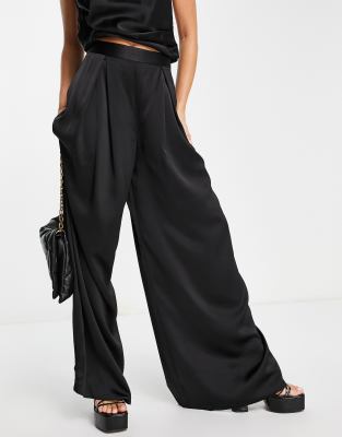 ASOS DESIGN SET SATIN WIDE LEG PANTS-BLACK