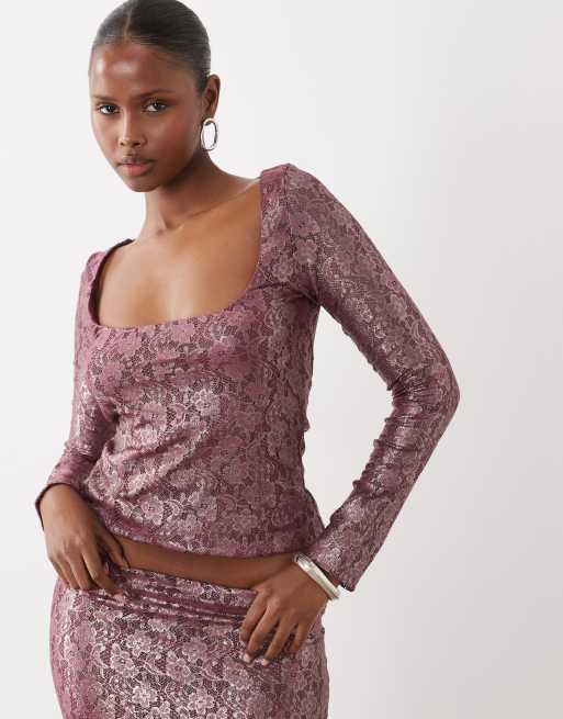 ASOS DESIGN lace top & skirt set in burgundy, 2 of 3