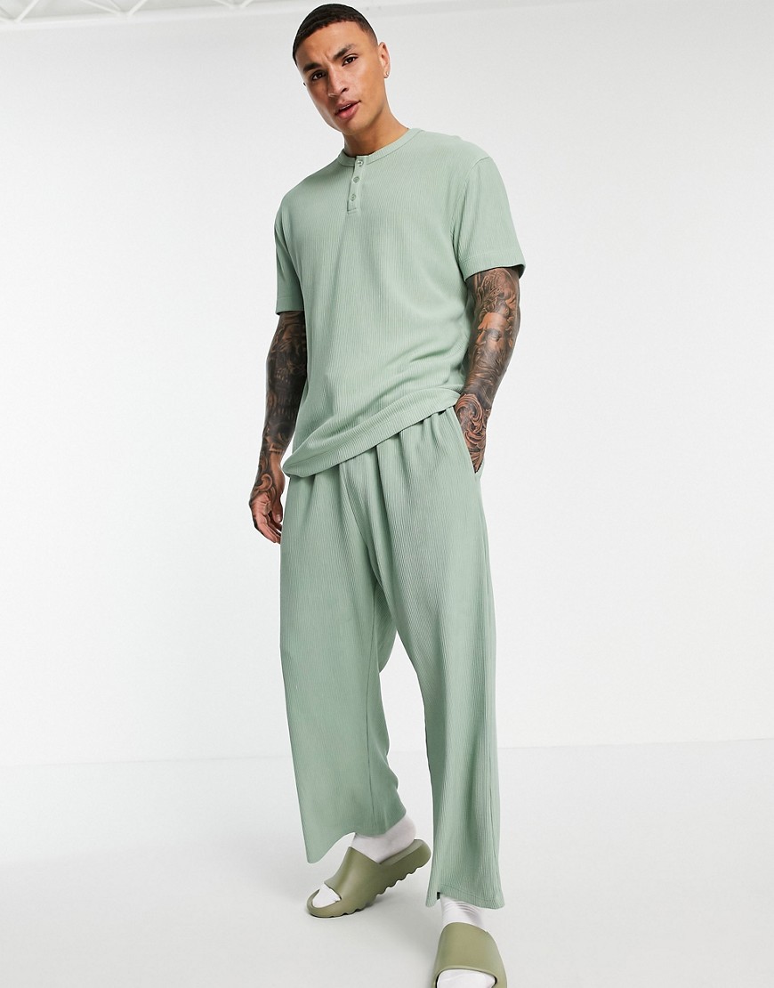 ASOS DESIGN set slinky wide cropped sweatpants in rib fabric-Green