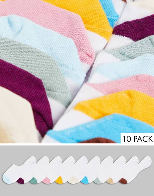 ASOS DESIGN - Set van 10 paar onzichtbare sokken in wit met gekleurde tenen
