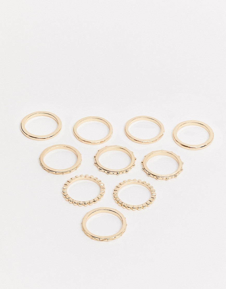 ASOS DESIGN - Set van 10 ringen met baldetails in goudkleur
