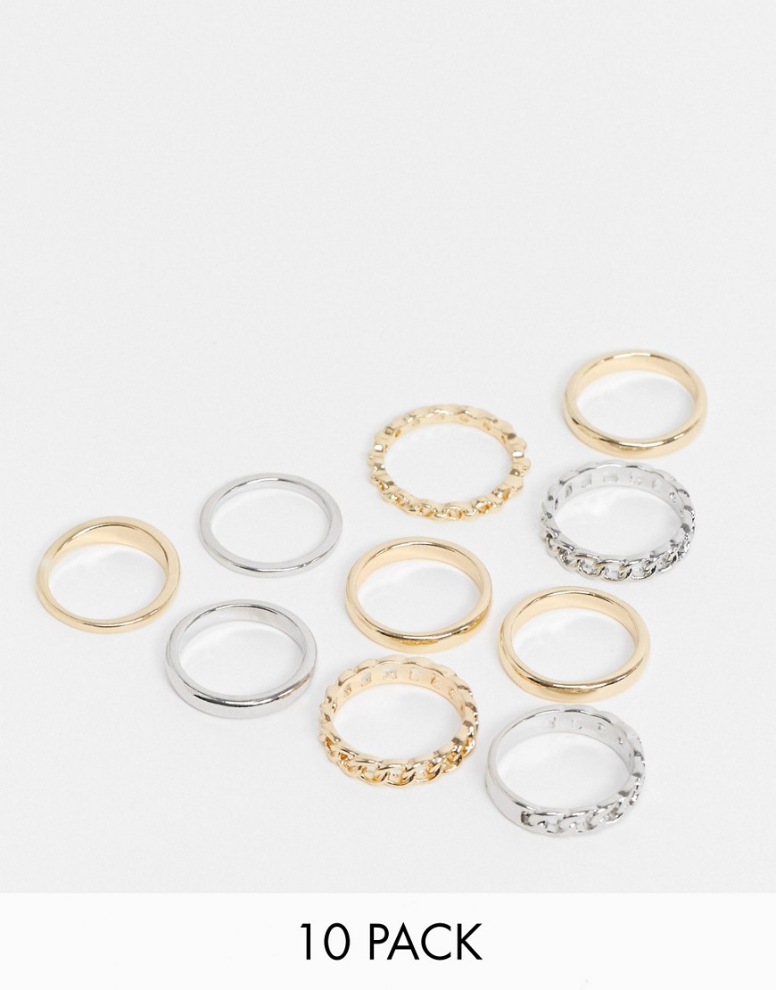 ASOS DESIGN - Set van 10 ringen met ketting van gemengde metalen-Multi