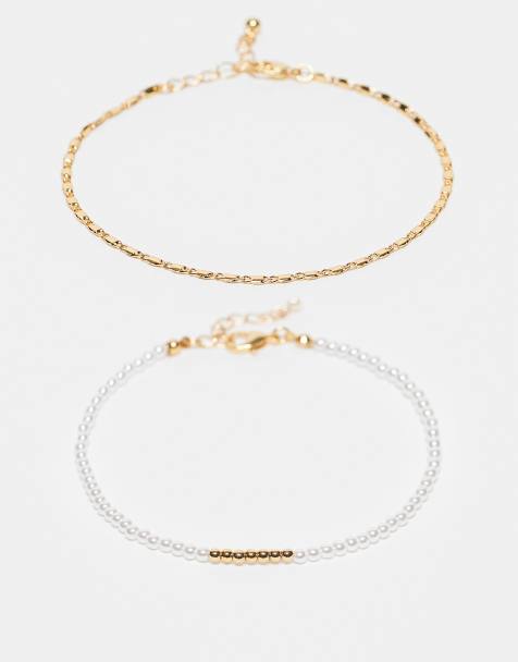 ASOS DESIGN - Set van 2 14k vergulde enkelbandjes met imitatieparels en fijne schakelketting goudkleur - view 1