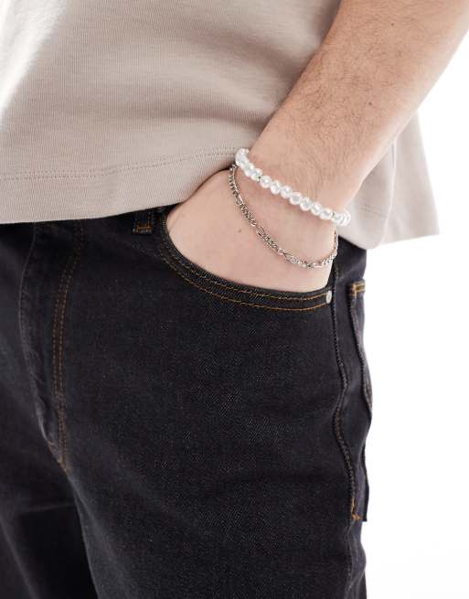 ASOS DESIGN - Set van 2 armbanden met imitatieparels en figaroschakels in zilverkleur