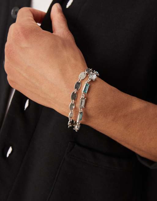 ASOS DESIGN - Set van 2 armbanden met kristallen en gehamerde ovale schakels in zilverkleur