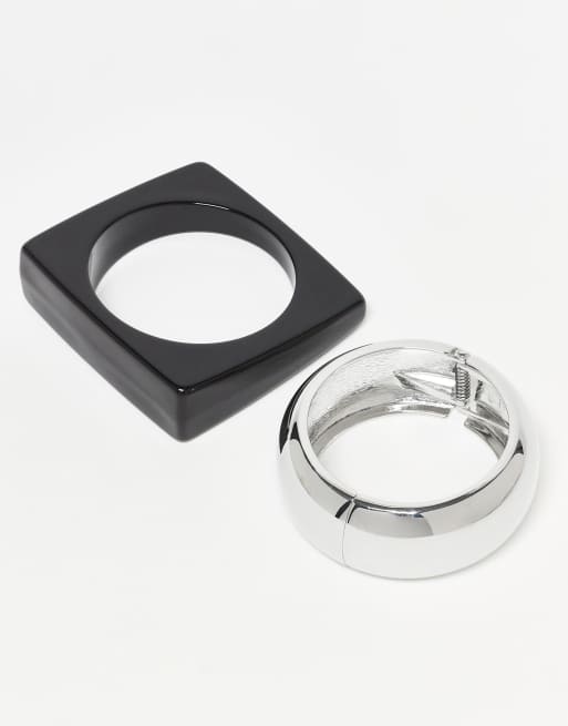 ASOS DESIGN - Set van 2 armbanden met vierkant ontwerp in zwart en zilver, 2 van 3