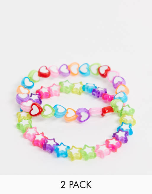 ASOS DESIGN - Set van 2 armbandjes met hartjes en sterren in regenboogkleuren
