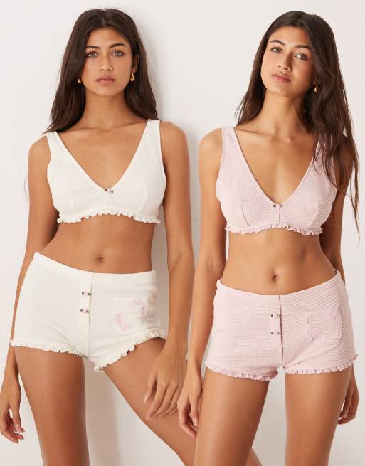 ASOS DESIGN - Set van 2 lingeriesets met wafelstructuur en rand met rozenknopjes in oudroze en crème, 2 van 3