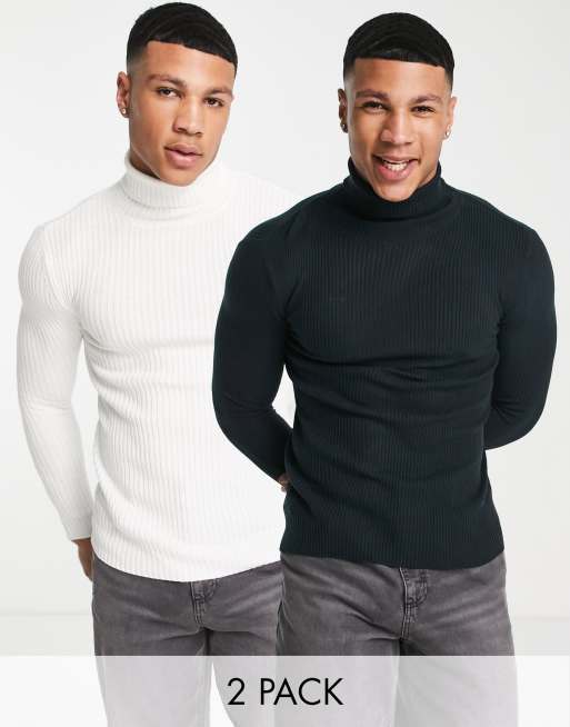 ASOS DESIGN - Set van 2 geribbeld gebreide coltruien in wit en marineblauw BESPAAR