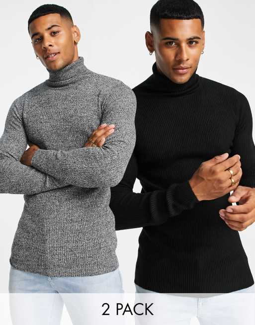 ASOS DESIGN - Set van 2 geribbelde coltruien in zwart & grijs VOORDEEL - MULTI