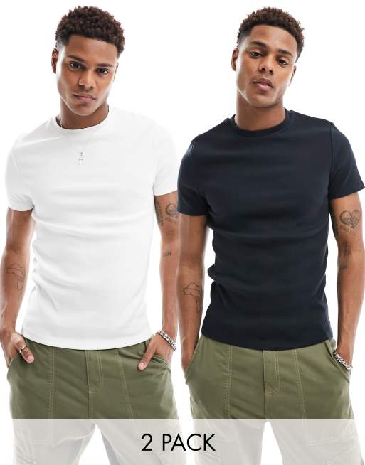 ASOS DESIGN - Set van 2 geribbelde muscle fit T-shirts in zwart en wit
