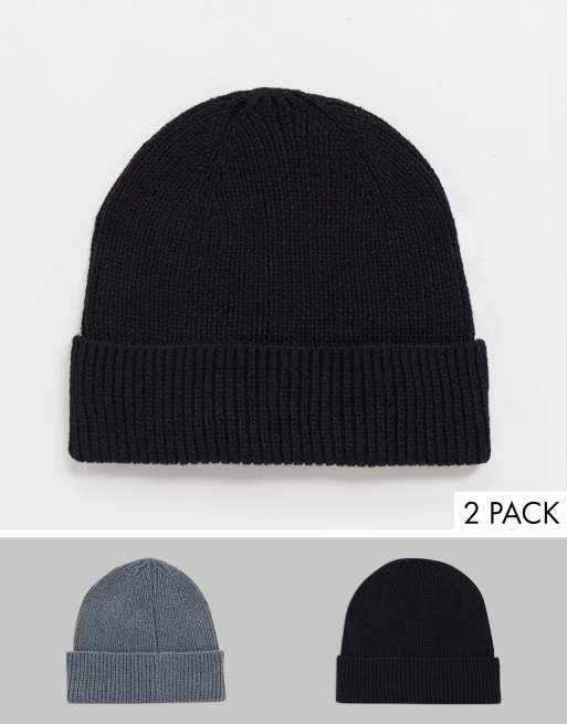 ASOS DESIGN - Set van 2 geribbelde vissersbeanies in grijs en zwart