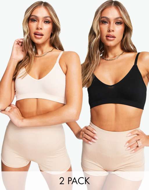 ASOS DESIGN - Set van 2 gladde naadloze bh's met V-hals in zwart en roze