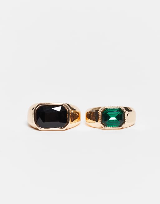 ASOS DESIGN - Set van 2 gouden zegelringen in zwart en smaragdgroen , 3 van 3