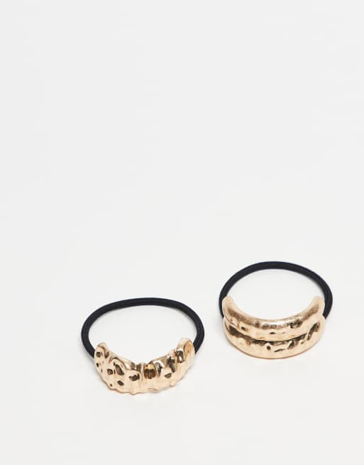 ASOS DESIGN - Set van 2 haarelastieken met gehamerd metalen detail in goudkleur