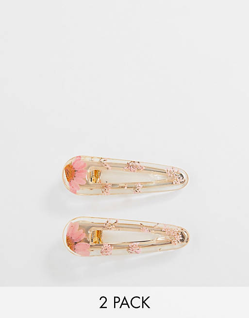 ASOS DESIGN pack of 2 hair clips with pink trapped flowers