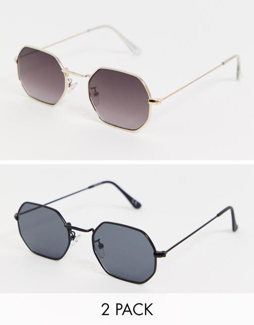 ASOS DESIGN - Set van 2 hoekige zonnebrillen in goud en matzwart met getinte glazen