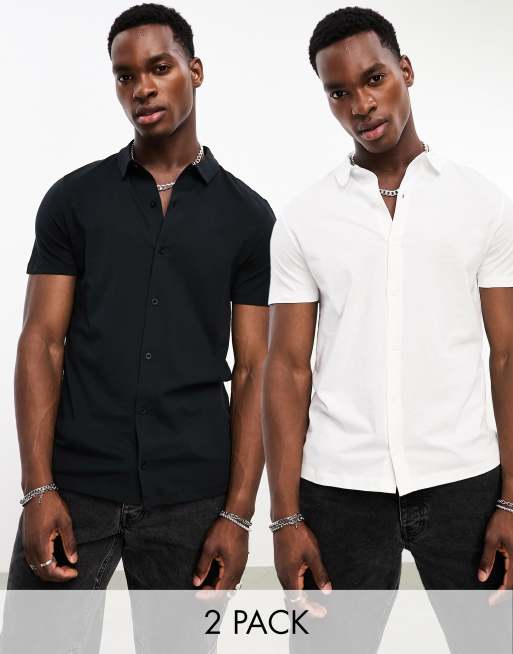 ASOS DESIGN - Set van 2 jersey overhemden in zwart en wit