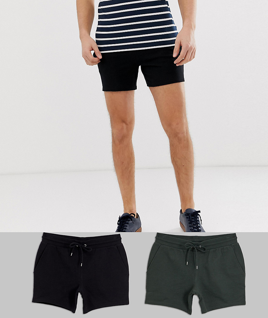 ASOS DESIGN - Set van 2 jersey skinny shorts in zwart/kaki-Multi