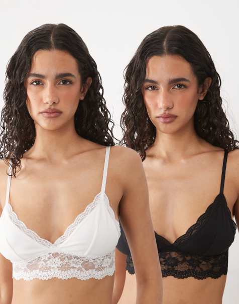 ASOS DESIGN - Set van 2 katoenen bralettes met kanten rand in zwart en wit - view 1