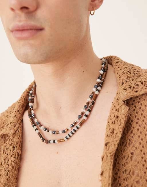 ASOS DESIGN - Set van 2 kettingen met halfedelstenen kralen in bruin