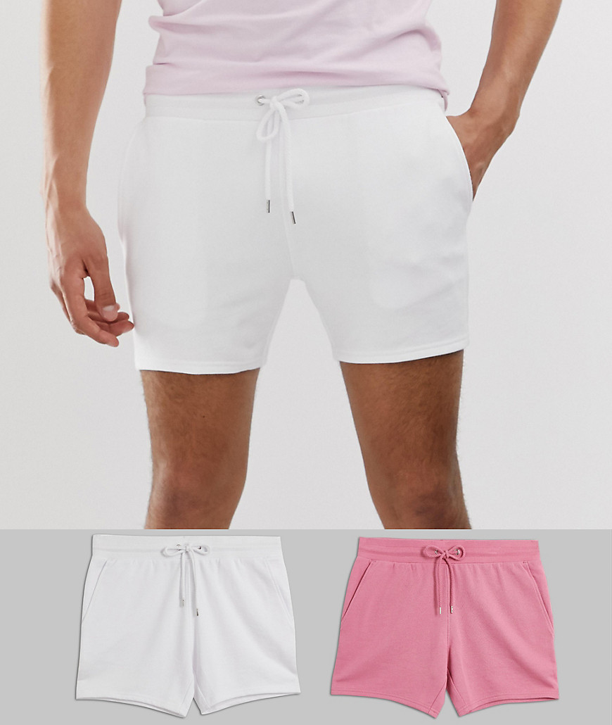 ASOS DESIGN - Set van 2 korte jersey skinny shorts in roze/wit-Multi