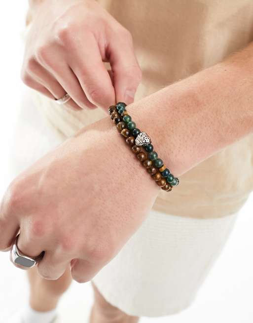 ASOS DESIGN - Set van 2 kralenarmbanden van mosagaat en tijgeroogstenen met bedel van luipaardkop