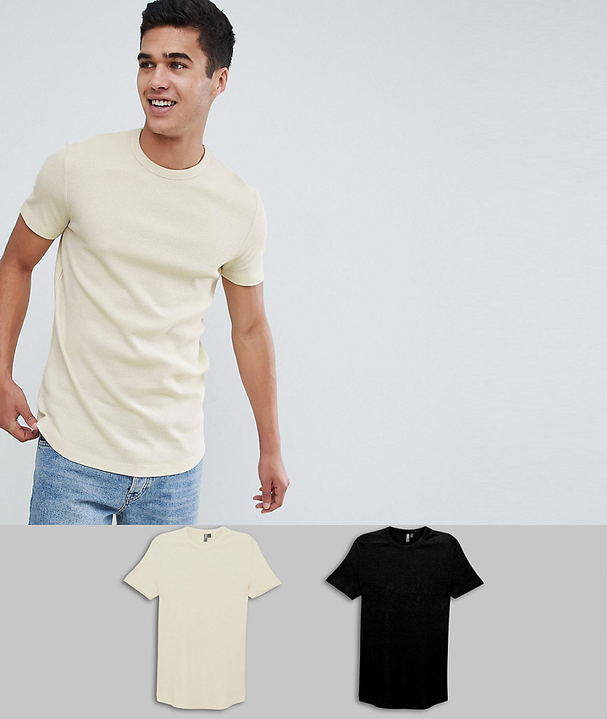 ASOS DESIGN - Set van 2 lange T-shirts met wafeltextuur en ronde zoom - VOORDEEL-Multi