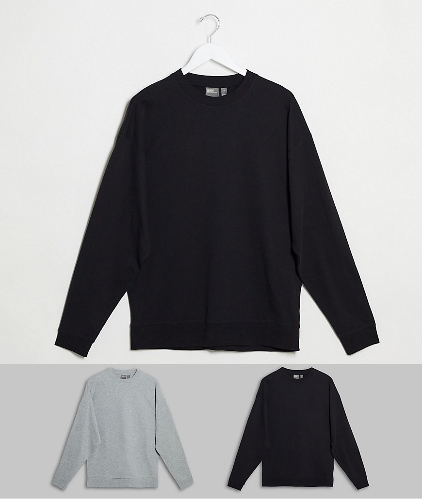 ASOS DESIGN - Set van 2 lichtgewicht sweatshirts in gemêleerd marineblauw/grijs-Multi