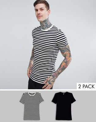 ASOS DESIGN - Set van 2 muscle-fit gestreept t-shirt in zwart - voordeelpak-Multi