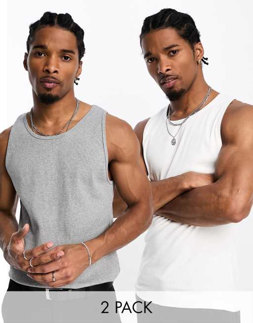 ASOS DESIGN - Set van 2 muscle fit hemdjes met ronde hals in wit en gemêleerd grijs