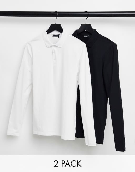 ASOS DESIGN - Set van 2 muscle fit polo's met lange mouwen in wit en zwart