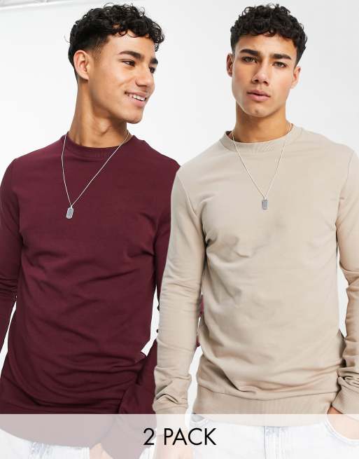 ASOS DESIGN - Set van 2 muscle fit sweatshirts in bordeauxrood en beige