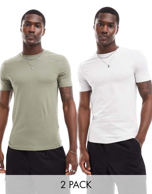 ASOS DESIGN - Set van 2 muscle fit T-shirts in kaki en grijs