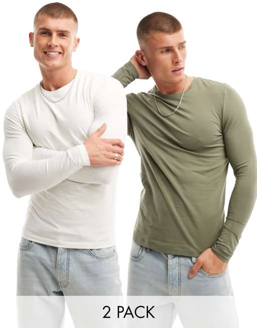 ASOS DESIGN - Set van 2 muscle fit T-shirts met lange mouwen in kaki en ecru