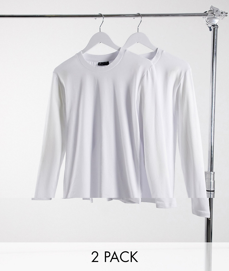 ASOS DESIGN - Set van 2 muscle-fit T-shirts met ronde hals en lange mouwen-Wit