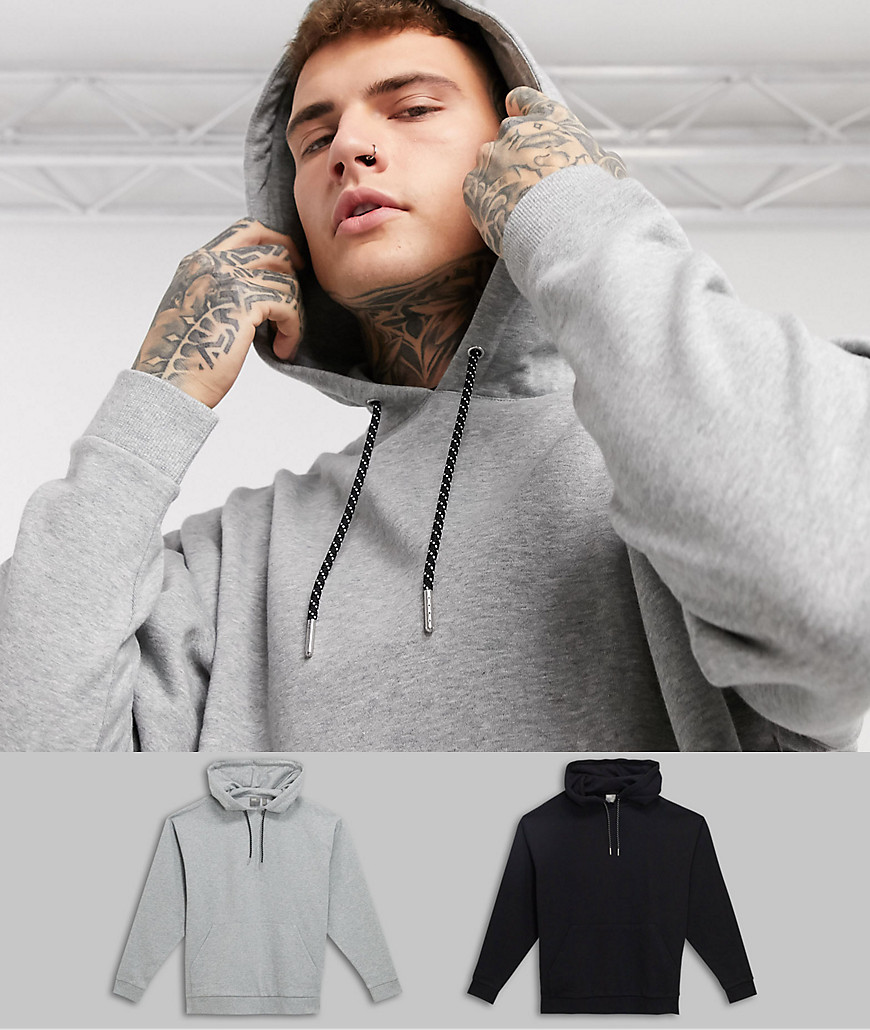 ASOS DESIGN - Set van 2 oversized hoodies met gespikkeld trekkoord in gemêleerd grijs/zwart-Multi