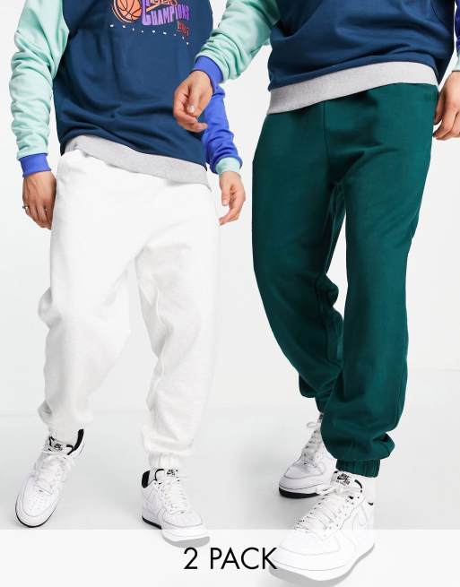 ASOS DESIGN - Set van 2 oversized joggingbroeken in gemêleerd wit/groen